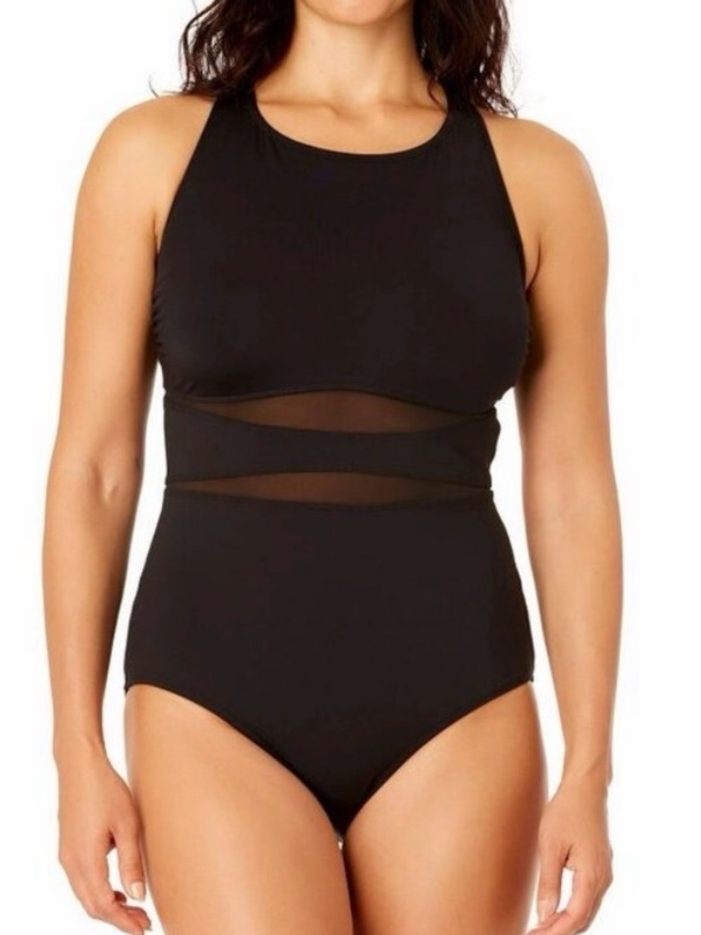 Lands’ End Black Mesh One Piece Swimsuit M Tummy Control UPF 50 High Neck